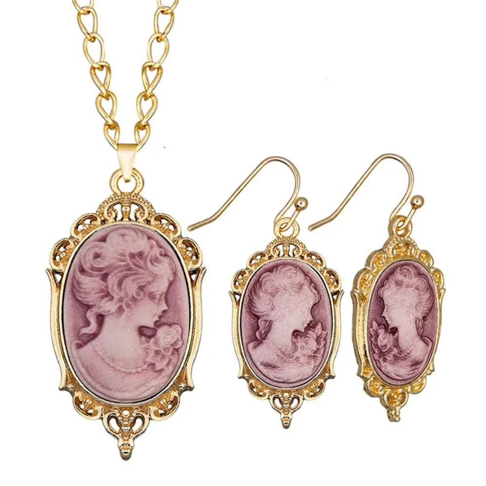 Vintage Cameo Necklace Earrings Set Pink Gold Victorian Style Jewelry